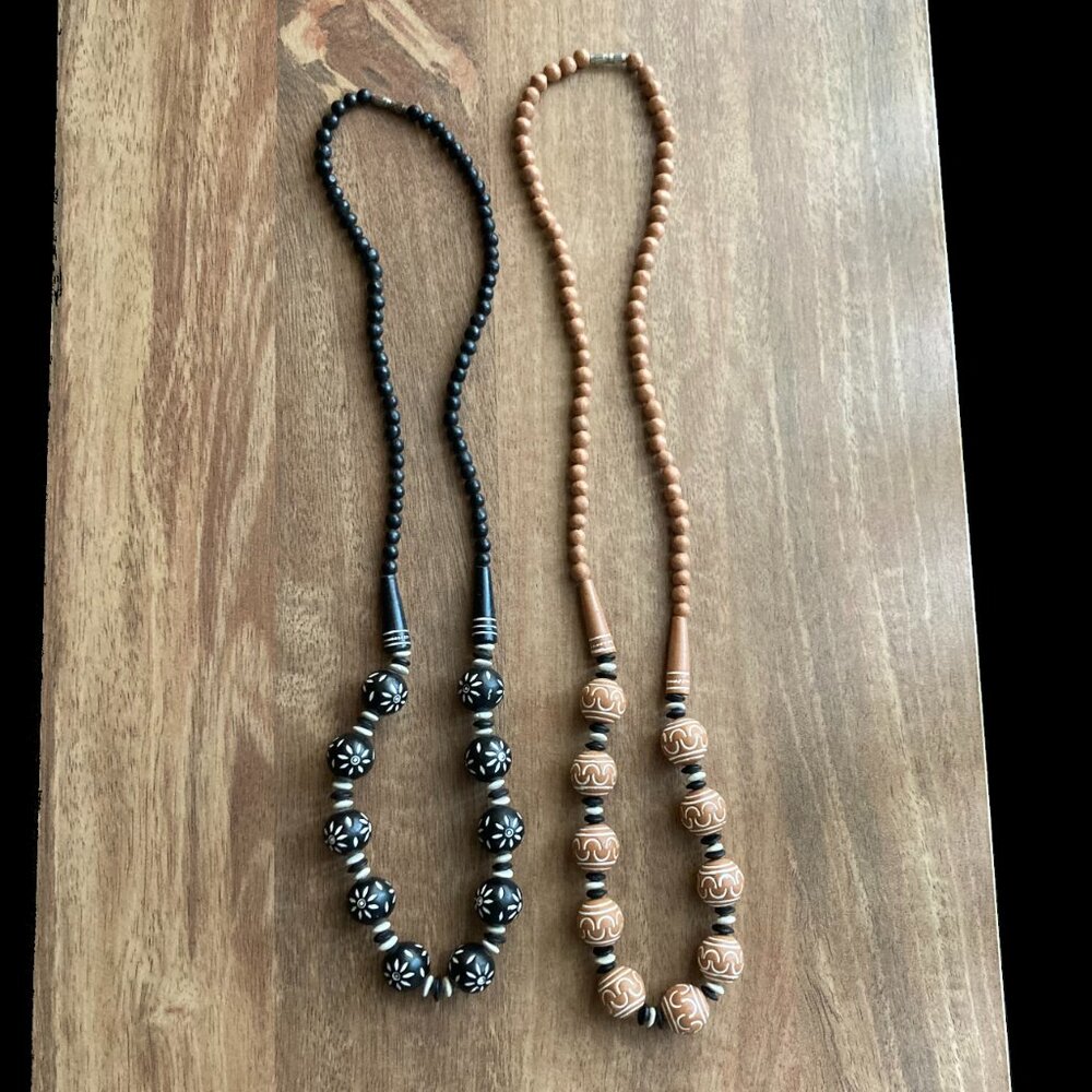 Bundle of (2) Thai Terra Cotta Clay Beaded Necklaces - Black/Brown and White